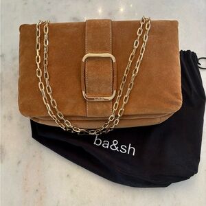 ba&sh Tan Suede Shoulder Bag with Gold Chain